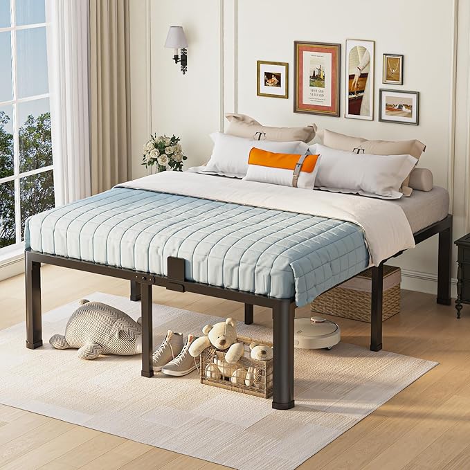 18 inch Full Size Bed Frame with Round Corner Legs Mattress Slide Stopper,3500 lbs Heavy Duty Metal Platform,Steel Slat Support,No Box Spring Needed,Easy Assembly,Noise Free