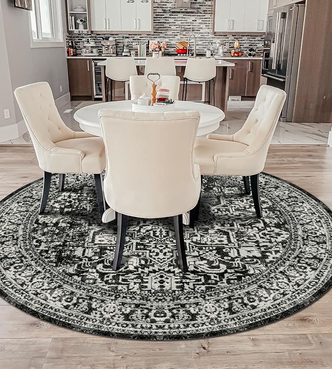 vivorug Round Rug 5ft Vintage-Inspired Round Area Rug Non-Slip Indoor Carpet for Living Room Bedroom Entryway, Stain Resistant Home Decor Circle Rug, Black and White