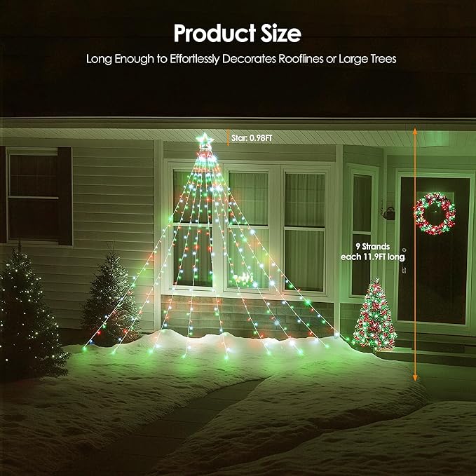 WBao Outdoor Christmas Decorations with 12" Star Topper, 344 LED 11.9ft Waterfall Christmas Lights, Remote Control 8 Modes, 3 Timers, UL Listed Waterproof for Tree Roof Porch Decor, Red Green White