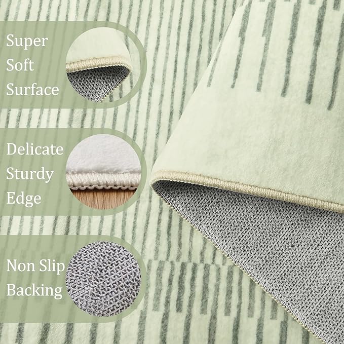 Morebes Sage Green Rug for Living Room, 5x7 Washable Area Rug for Bedroom Non Slip Modern Striped Boy Room Rug, Stain-Resistant Geometric Low Pile Soft Carpet for Nursery Dining Room