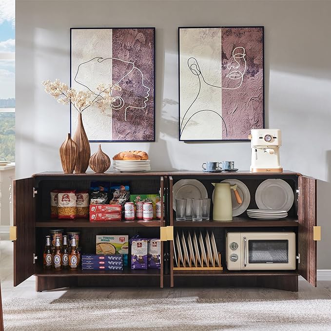 Modern Buffet Cabinet with Storage, 70" Large Sideboard Buffet Storage Cabinet with 4 Doors and Adjustable Shleves, Wooden Curved Coffee Bar for Dining Room, Kitchen, Living Room, Brown