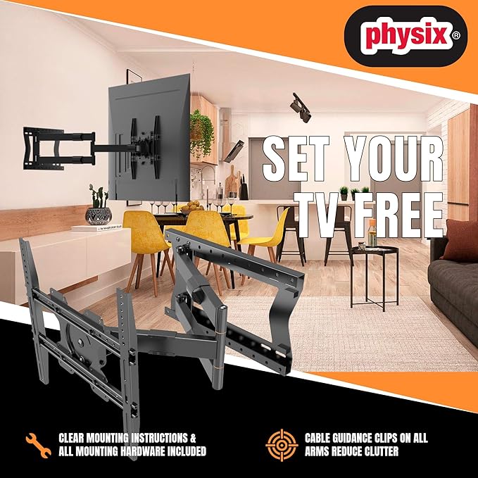 Physix 2080 Long Arm TV Wall Mount for 32-75'' Screens, Extension 32'', Heavy-Duty Max 88 lbs - Full Motion, Tilting & Swiveling, Max VESA 400x400