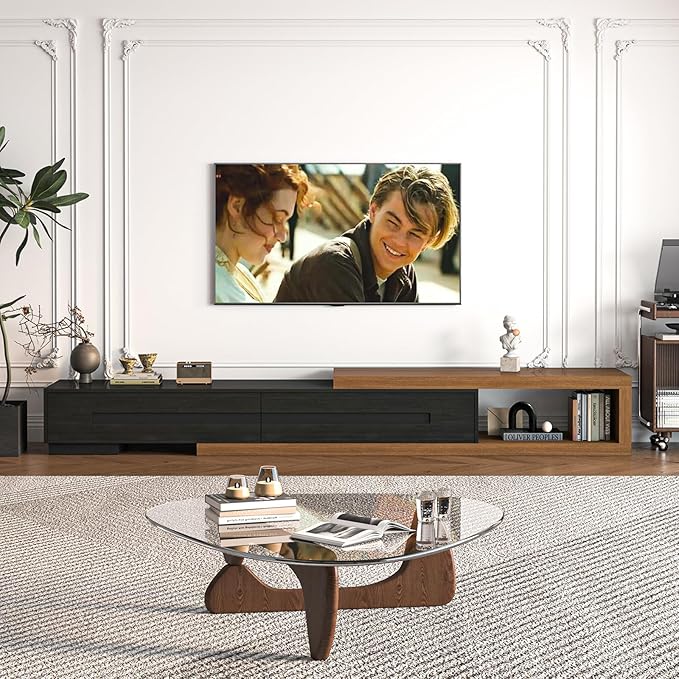 82-110" Extendable TV Stand, Wood Reversible Media Console with 2 Drawers, Modern Entertainment Center for Up to 120 Inch TV for Living Room Bedroom, Black& Walnut