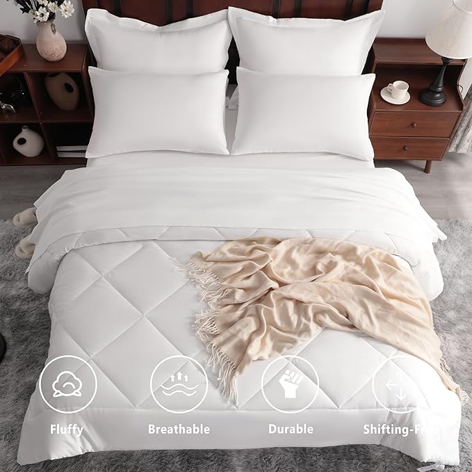 NTBAY Queen Comforter Set with Sheets, 7 Pieces Soft and Breathable Queen Bedding Set, Bed in a Bag, Down Alternative Comforter Set Solid Color All Season, Queen Bedding Set, White