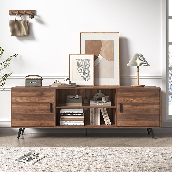 AUXSOUL 70 Inch Mid Century Modern TV Stand for 75 Inch TV, Wood TV Stand with Storage, Entertainment Center for Living Room Bedroom, TV Media Console, Walnut