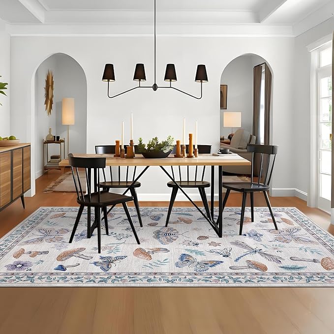 Washable Rug 9x12 Area Rugs for Living Room, Mushroom Insect for Bedroom, 9x12 Rug Non Slip Carpet with Rubber Back, Low Pile Stain Resistant Modern Carpet for Dining Room Dorm, Beige