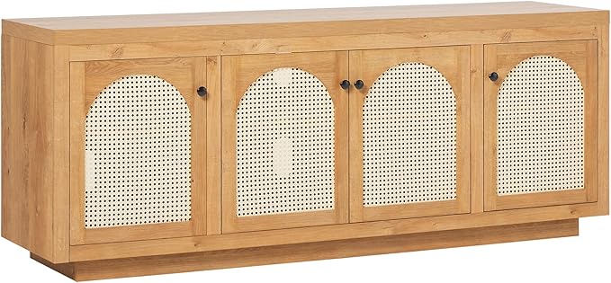 Walker Edison Sasha 4-Door Sideboard Buffet with Arched Rattan Panels, 70 Inch, English Oak