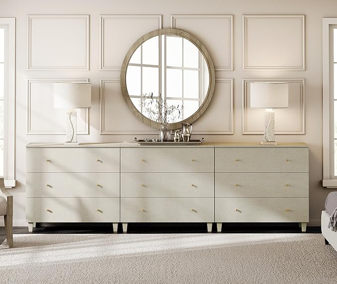 WAMPAT Dresser with 9 Drawers for Bedroom, 106" Wide Wooden Chest of Drawers, Modern Long Dressers Closet Storage Organizer with Solid Wood Legs for Living Room, Kids Room, Nursery, Beige