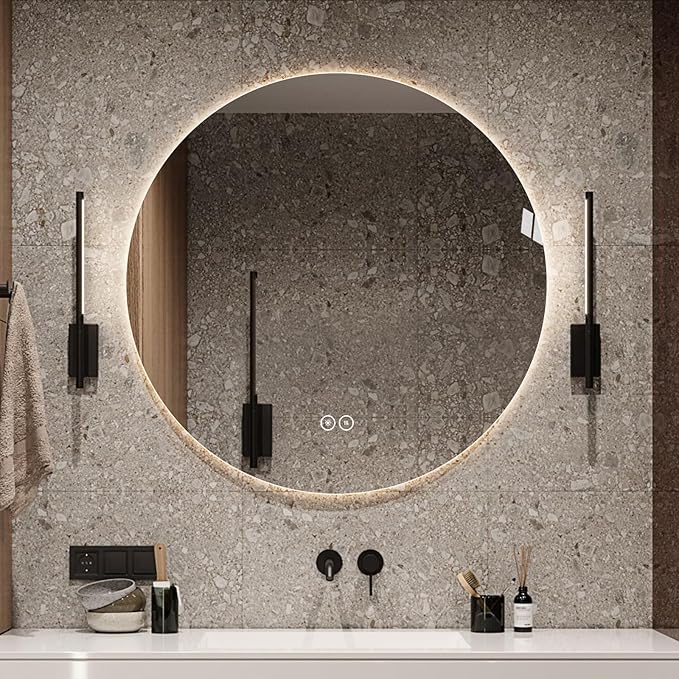 Round LED Bathroom Mirror with Light, Backlit Mirror for Bathroom, Frameless LED Smart Vanity Mirror with 3 Color Lights, Anti-Fog, Smart Touch Button, Shatter-Proof, IP65, 90+ CRI (32" L x 32" W)