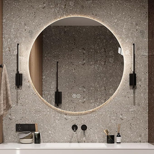 Round LED Bathroom Mirror with Light, Backlit Mirror for Bathroom, Frameless LED Smart Vanity Mirror with 3 Color Lights, Anti-Fog, Smart Touch Button, Shatter-Proof, IP65, 90+ CRI (32" L x 32" W)