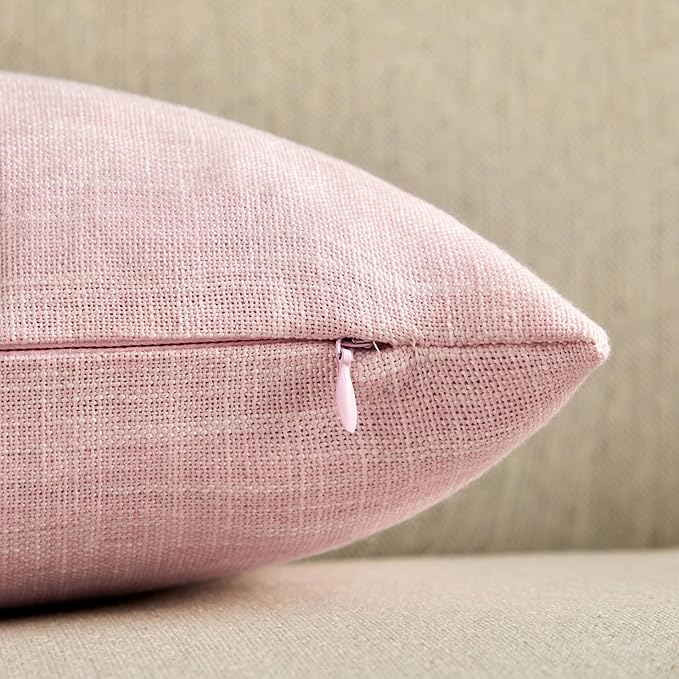 2 Packs Grid Embroidery Throw Pillow Covers, 20x20 Inch Pink, Farmhouse Linen Decorative Pink Cushion Covers for Sofa Bed Living Room Home Decor