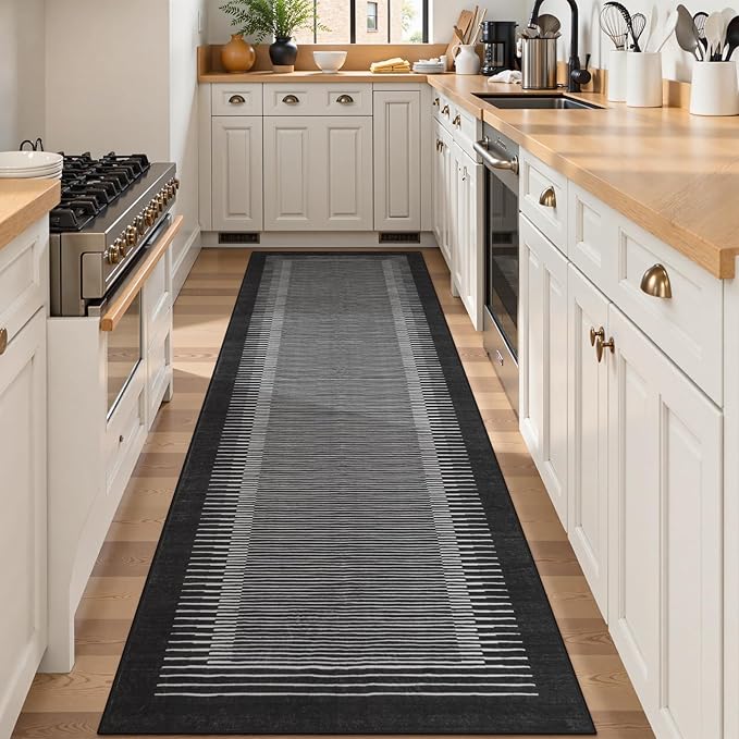Morebes Modern 2.5x8 Runners for Hallways Non Slip, Black Kitchen Runner Rug Non Skid Washable Bathroom Runner, Stain Resistant Soft Low Pile Indoor Carpet for Hallway Entryway Bedroom
