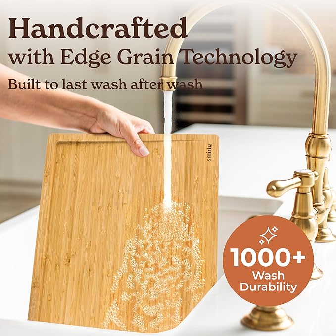 SMIRLY Bamboo Wooden Cutting Boards for Kitchen, Set of 4 Large - Small with Holder, Bamboo Wood Cutting Board Set with Deep Juice Grooves, Non Toxic Serving Tray, Gifts for Women