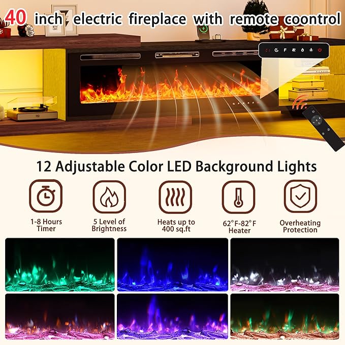 82-116" Electric Fireplace Extendable TV Stand, Modern Entertainment Center with LED Lights and Power Outlet for Up to 120 Inch TV for Living Room Bedroom, Black & Walnut