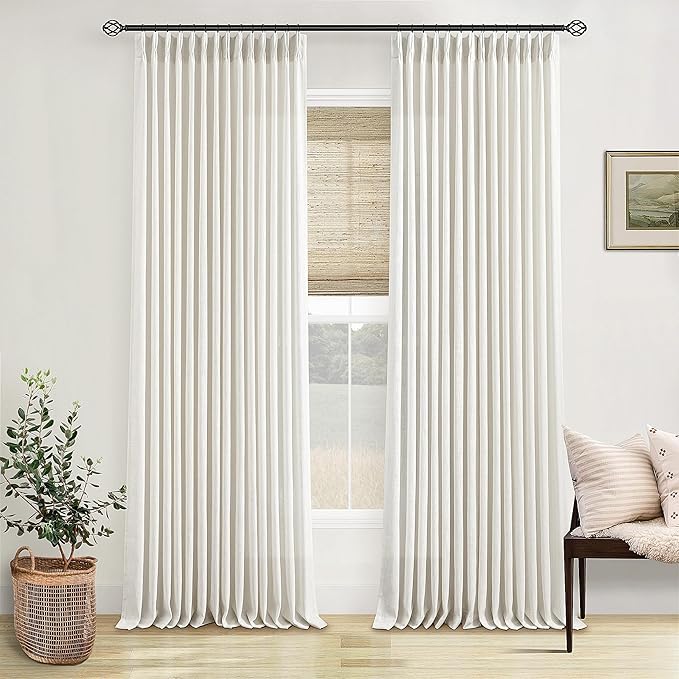 102 Inch Long Curtains Pinch Pleat Linen Curtains for Living Room Bedroom 2 Panels Natural Cream Light Filtering Privacy Neutral 102 Inch Pleated Drapes Hooks Rings Back Tab for Window Sliding Door