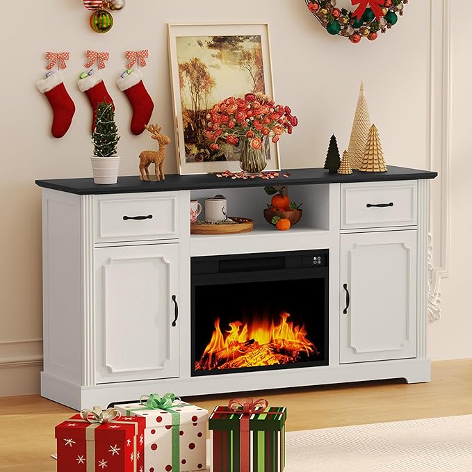 ARTPOWER Fireplace TV Stand for TV up to 65'', Consoles Cabinet with Adjustable Shelves, Modern Entertainment Center with Storage for Living Room, White