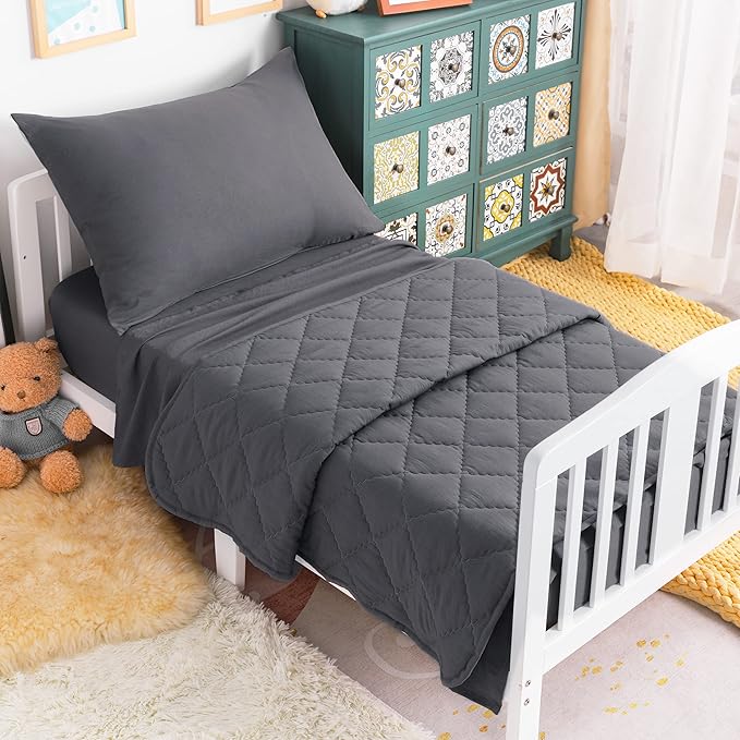 NTBAY Toddler Bedding Set - 4 Piece Soft and Breathable Crib Bedding Set for Boys and Girls, Includes Quilted Comforter, Fitted Sheet, Flat Top Sheet and Envelope Pillowcase, Dark Grey