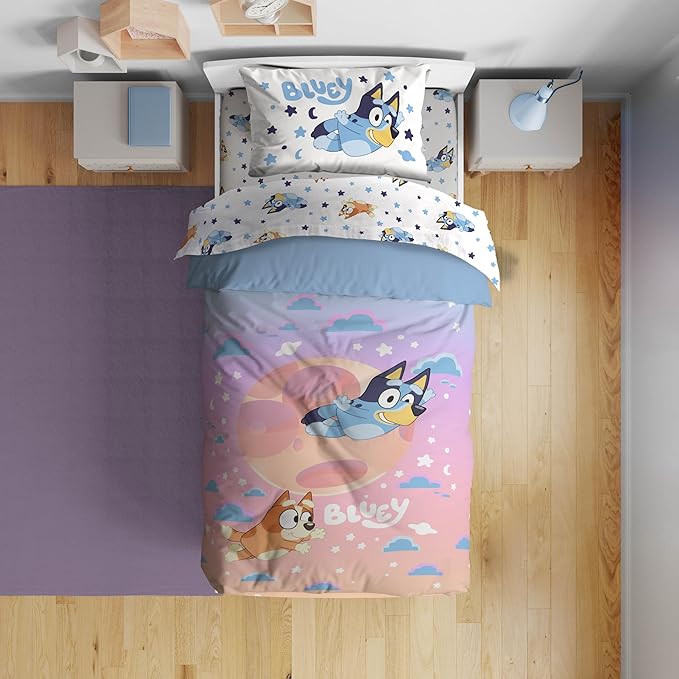Jay Franco Bluey & Bingo Full Comforter Set - 7 Piece Bed Set Includes Sheet Set & Pillow Covers - Super Soft Clouds & Stars Kids Bedding