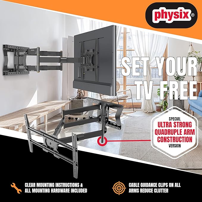 Physix 4100 Long Arm TV Wall Mount for 32-85 inch Screens Extra Long Extension Up to 40 Inch Heavy-Duty TV Mount Holds up to 120 lbs Full-Motion, Swivels Up to 180° Max. VESA 600x400