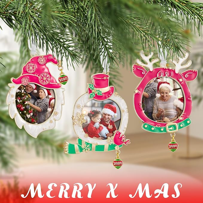 West style 2025 Snowflake Christmas Tree Ornaments Set 3 Pieces-Metallic Picture Frame Ornament Hanging Home Deco Gnomes Reindeer Hanging Pendant Holiday Keepsake Gift (Pink & Golden)
