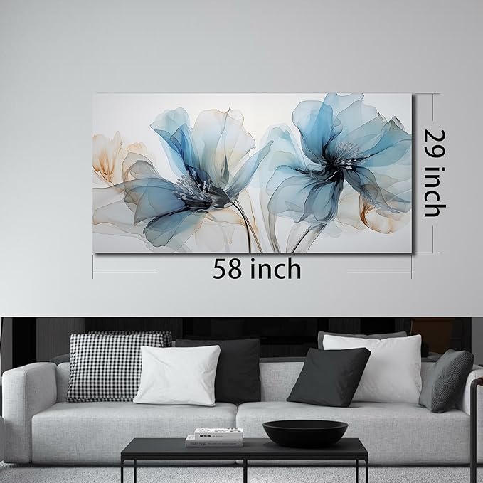 Blue Flower Wall Decor for Living Room Abstract Canvas Wall Art for Office Large Wall Pictures for Dining Room Size 29 x 58 Inch