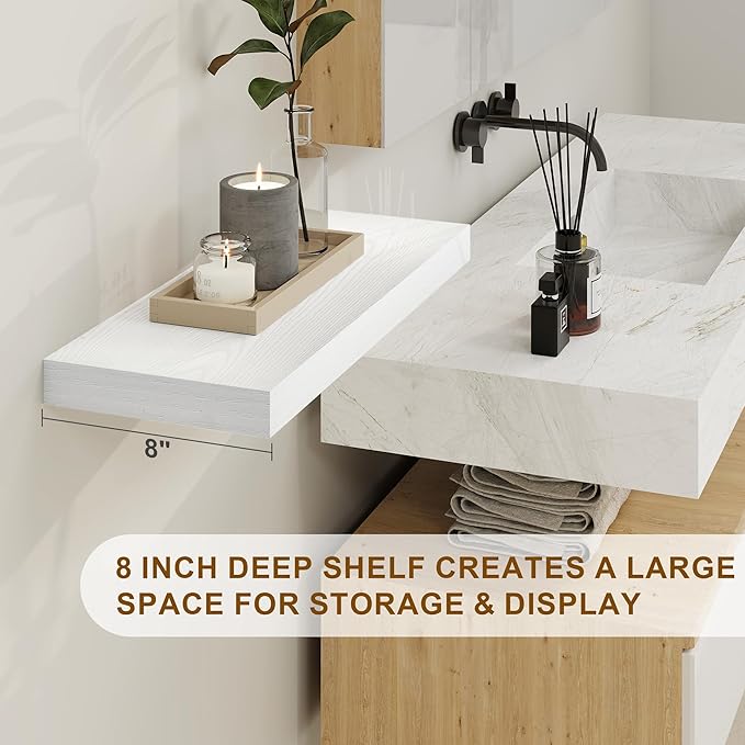 Fun Memories White Floating Shelves, 8 Inch Deep Wall Shelves Set of 2, Rustic Deep Shelves for Wall Storage, 24 x 8 Floating Shelves, 8" White Shelf for Bedroom, Living Room, Kitchen