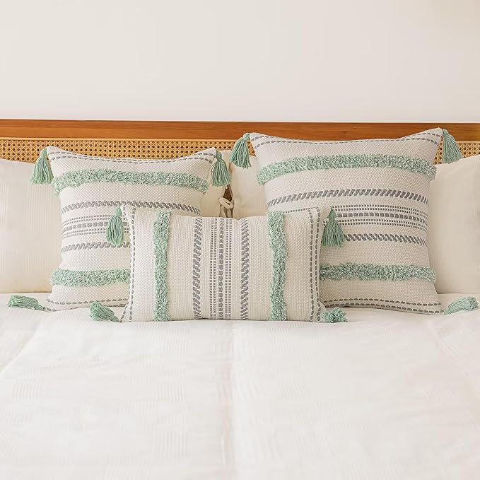 Boho Throw Pillow Covers 18x18 Set of 2 Woven Tufted Farmhouse Pillows Cover with Tassels Textured Striped Cushion Case Neutral Pillow Cases Decorative Pillowcase for Sofa, Couch, Bed, Light Green