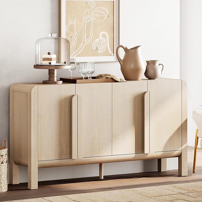 WAMPAT 63" W Large Buffet Sideboard Cabinet with Storages, Modern Buffet Table Coffee Bar Wine Bar Storage Curved Cabinet with 4 Doors for Dining Room, Living Room, Kitchen, Light Oak