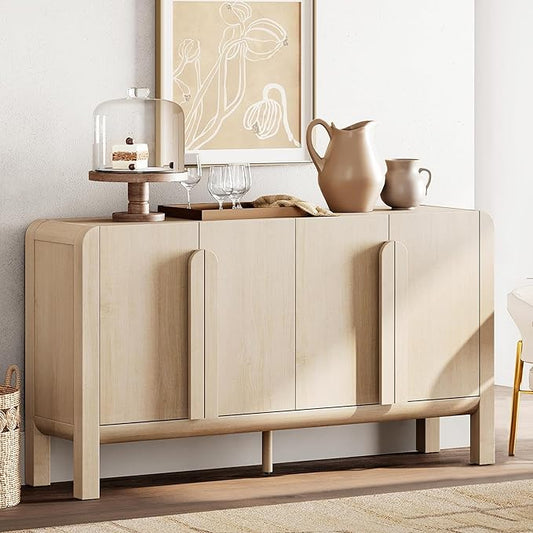 WAMPAT 63" W Large Buffet Sideboard Cabinet with Storages, Modern Buffet Table Coffee Bar Wine Bar Storage Curved Cabinet with 4 Doors for Dining Room, Living Room, Kitchen, Light Oak