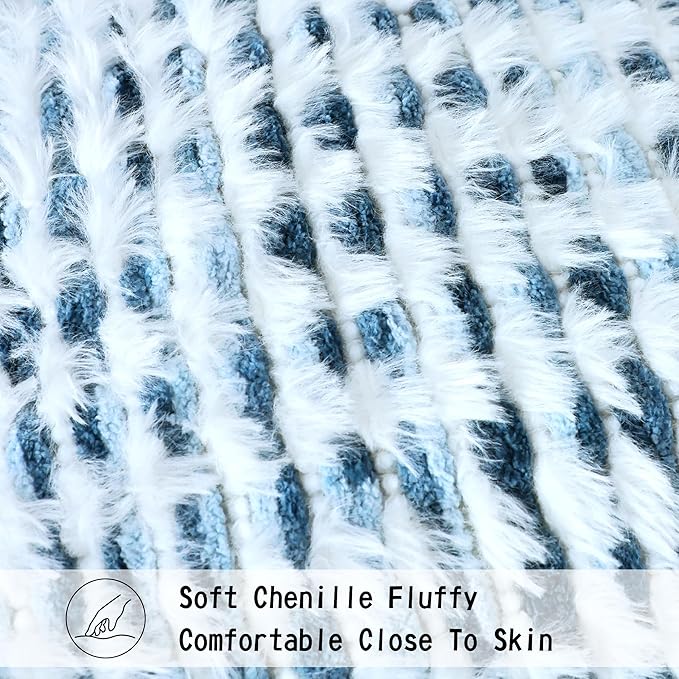 Boho Chenille Tufted Pillow Cover 12x20 Inch Set of 1, Farmhouse Striped Decorative Pillow Covers Accent Fluffy Neutral Lumbar Pillowcases for Couch Sofa Bedroom Living Room, Blue White
