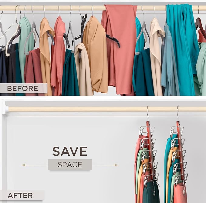 MORALVE Skirt Hangers Space Saving with Clips - 2 Pack - European Beechwood 5-Tier Hanger for Shorts, Skirts, and Pants - Closet Organizer and Storage Solution for Women with 360° Swivel Hook