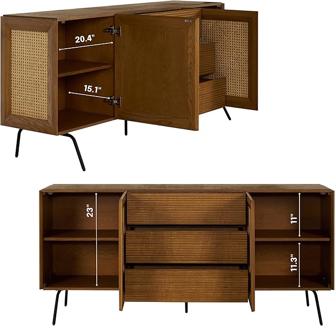 NTC MOSSIC Large Sideboard with 2 Doors and 3 Drawers, Buffet Cabinet with Natural Rattan and Metal Legs, Modern Storage Cabinet for Living Room, and Hallway, Effortless Assembly - Rustic Oak