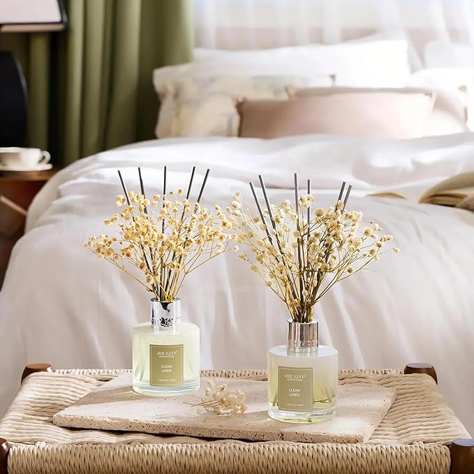 Airkeep Reed Diffuser 3.38 oz (100ml) 2pk, Clean Linen Scented Reed Diffuser Set,Reed Diffuser & Oil Diffuser Sticks, Aromatherapy, Airkeep Reed Diffuser Set Box 2-Clean Linen