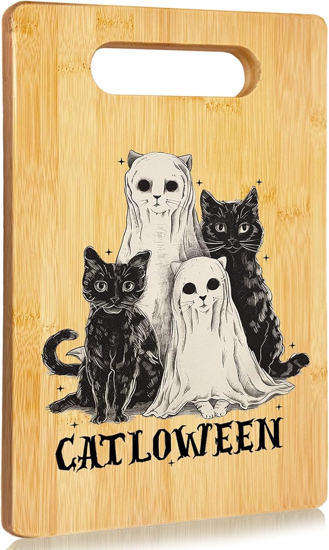 SPBL&L Halloween Black Cat Ghost Cutting Board, Cat Lover Gifts, Halloween Kitchen Decor, Spooky Ghost Kitty Kitten Catloween Decorative Bamboo Cutting Chopping Board for Kitchen