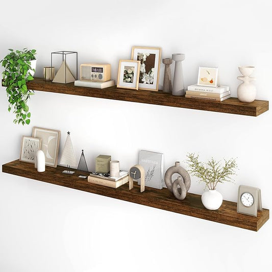 Fun Memories 72Inch Floating Shelves,Wall Mounted Rustic Wood Floating Shelf with Invisible Brackets for Storage & Decor,2 Pack Shelves for Bathroom,Bedroom and Kitchen,Brown