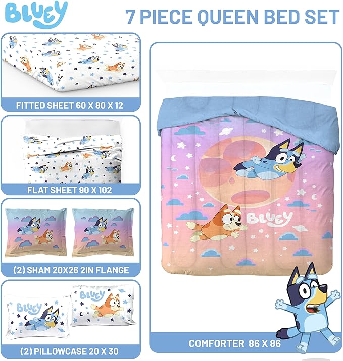 Jay Franco Bluey & Bingo Queen Comforter Set - 7 Piece Bedding Includes Sheet Set & Pillow Covers - Super Clouds & Stars Cozy Bedding