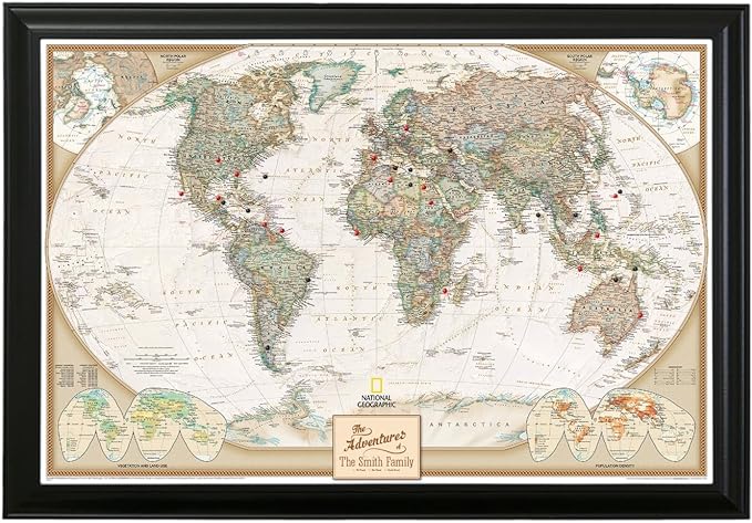 Canvas Executive World Map Pin Board – Framed Travel Map with Pins for Wall – Personalized Push Pin World Map for Tracking Journeys – 27.5" x 39.5" Black Frame