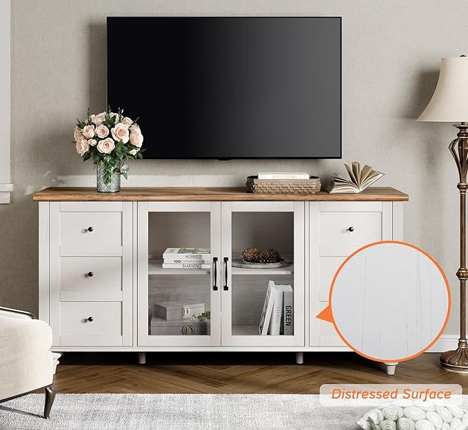 WAMPAT Farmhouse TV Stand for TVs Up to 65 inch, Glass Door TV Cabinet with Adjustable Shelf, Wooden Entertainment Center for 32-60 inch TV Console Table, Off White