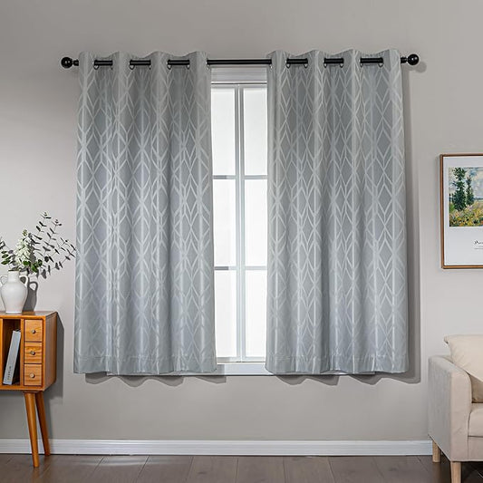 Amazon Basics Jacquard 2-Piece 100% Blackout Curtains, Living Room and Bedroom Drapes, Thermal Insulated Window Treatment, 52"x63", Light Grey