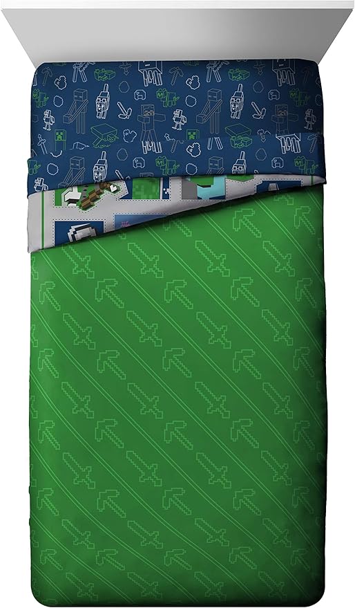 Jay Franco Minecraft 7pc Full Bed Set - Includes Comforter, Sheet Set & Decorative Pillow Shams - Features Creeper, Ghost, Zombie & Enderman Characters