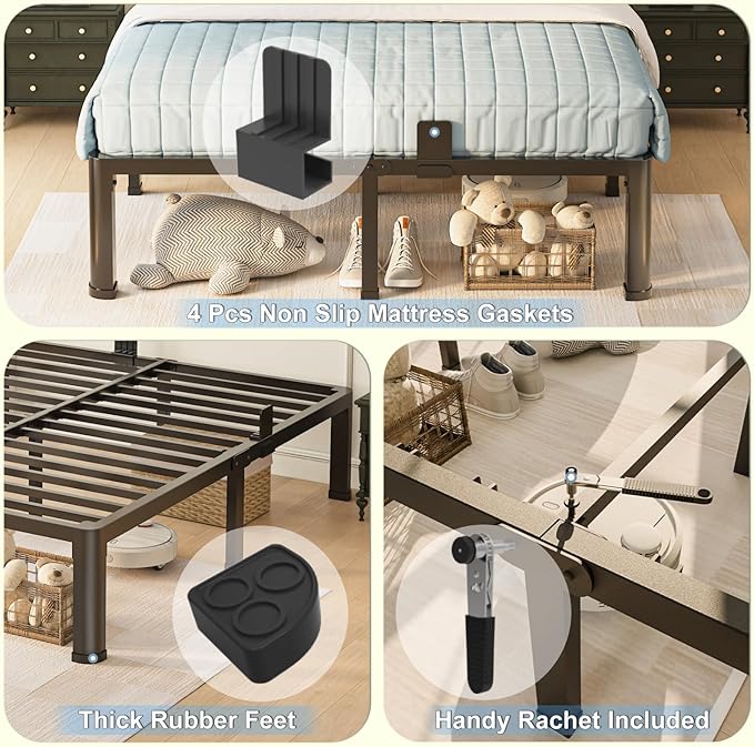 12 inch Queen Bed Frame with Round Corner Legs Mattress Slide Stopper,3500 lbs Heavy Duty Metal Platform,Steel Slats Support,No Box Spring Needed,Easy Assembly,Noise Free