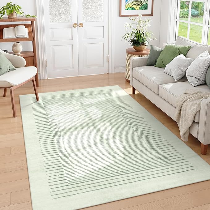 Morebes Sage Green Rug for Living Room, 5x7 Washable Area Rug for Bedroom Non Slip Modern Striped Boy Room Rug, Stain-Resistant Geometric Low Pile Soft Carpet for Nursery Dining Room