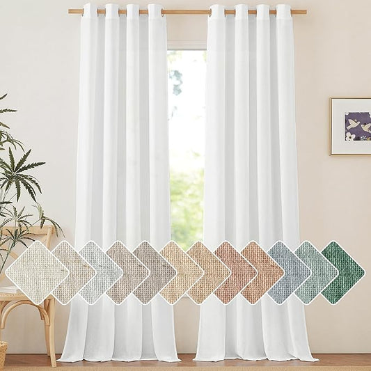 NICETOWN White Linen Curtains 108 inches Long for Home Office, Grommet Privacy Added with Light Filtering Thick Flax Window Treatments for Bedroom/Living Room, Natural, W55 x L108, 2 Panels