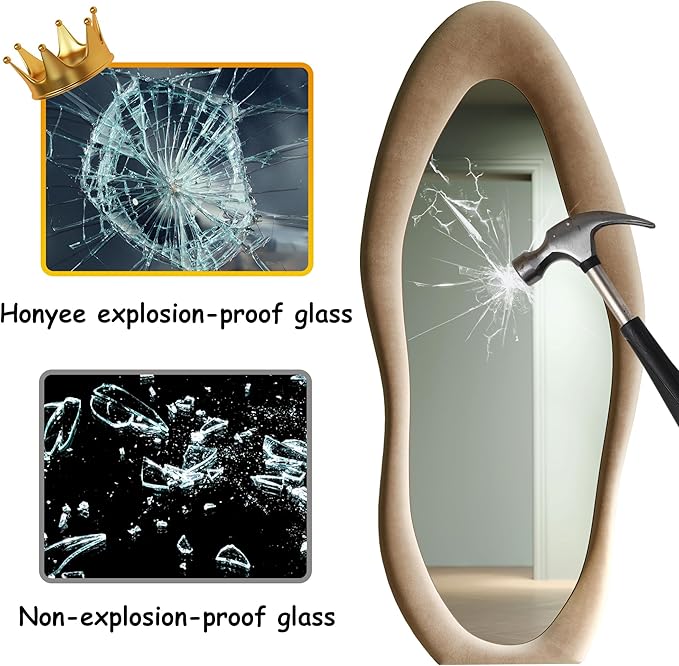 Honyee Full Length Mirror, 63" x 24" Wall Mirror, Flannel Wrapped Wooden Frame Floor Mirror, Irregular Wavy Mirror Hanging or Leaning Against Wall for Cloakroom/Bedroom/Living Room, Milk Tea