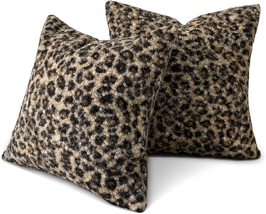 Brown Leopard Print Pillow Covers 18x18 Inch Set of 2, Cheetah Decorative Textured Boucle Throw Pillow Cover Modern Pillowcases Cushion Cover for Couch Sofa Bed Living Room Home Decor