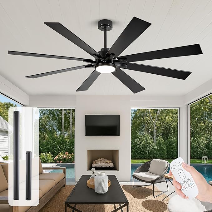 72 Inch Ceiling Fan with Lights, Large Outdoor Ceiling Fans with Light, Black Industrial Ceiling Fan 8 Blades For Great Room, Large Living Room Patio Farmhouse Damp Rated, Quiet Reversible DC Motor