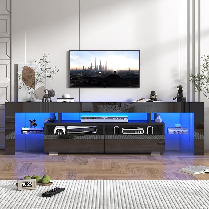 TV Stand with 16 Color LED Lights, Media Console with Drawer and Glass Open Shelf for 65/75/85 inch TV, Modern Gloss Entertainment Center for Living Room Bedroom, Black