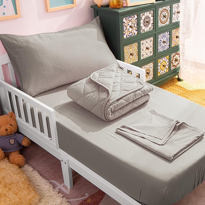 NTBAY Toddler Bedding Set - 4 Piece Soft and Breathable Crib Bedding Set for Boys and Girls, Includes Quilted Comforter, Fitted Sheet, Flat Top Sheet and Envelope Pillowcase, Smoke Grey