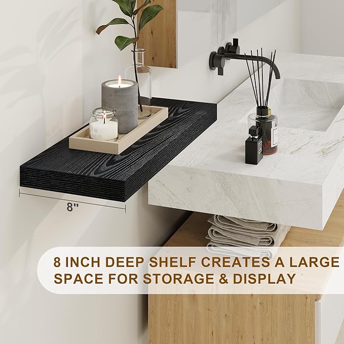 Fun Memories Deep Black Floating Shelves, 8 Inch Deep Floating Shelf for Wall, Rustic Black Wall Shelves 55 Inch Long, Large 55 x 8 Storage Shelves for Living Room, Bedroom, Kitchen