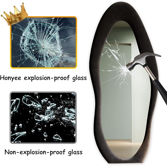 Honyee Full Length Mirror, 63" x 24" Wall Mirror, Flannel Wrapped Wooden Frame Floor Mirror, Irregular Wavy Mirror Hanging or Leaning Against Wall for Cloakroom/Bedroom/Living Room, Black